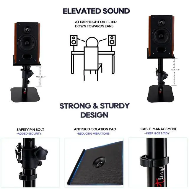 Alt view image 4 of 7 - Desktop Speaker Stands Pair, Sturdy Flat Base, Height & Tilt Adjusts