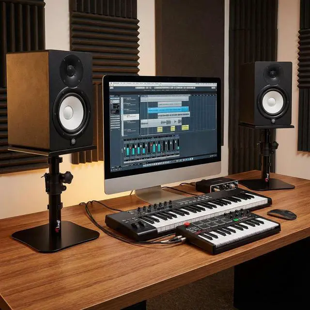 Alt view image 5 of 7 - Desktop Speaker Stands Pair, Sturdy Flat Base, Height & Tilt Adjusts