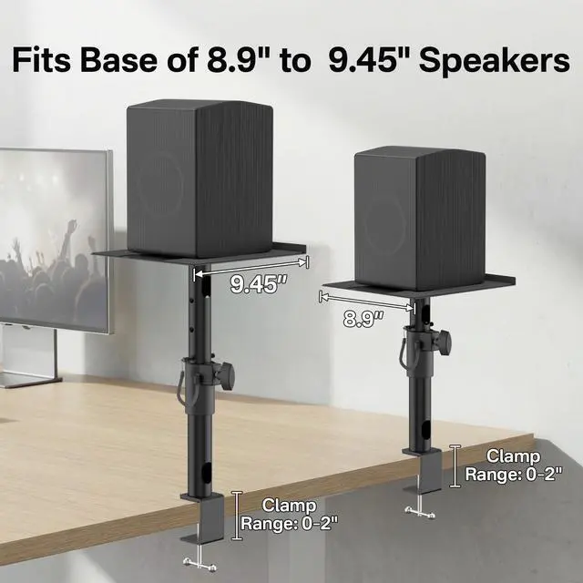 Alt view image 2 of 6 - Clamp-on Desktop Speaker Stands Pair for LG, Sony, Vizio, Klipsch, Samsung, JBL Speaker Stand Desk - Adjustable Desk Speaker Stands for Most Satellite & Bookshelf Speaker Stands Wr Cable Management
