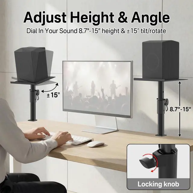 Alt view image 4 of 6 - Clamp-on Desktop Speaker Stands Pair for LG, Sony, Vizio, Klipsch, Samsung, JBL Speaker Stand Desk - Adjustable Desk Speaker Stands for Most Satellite & Bookshelf Speaker Stands Wr Cable Management