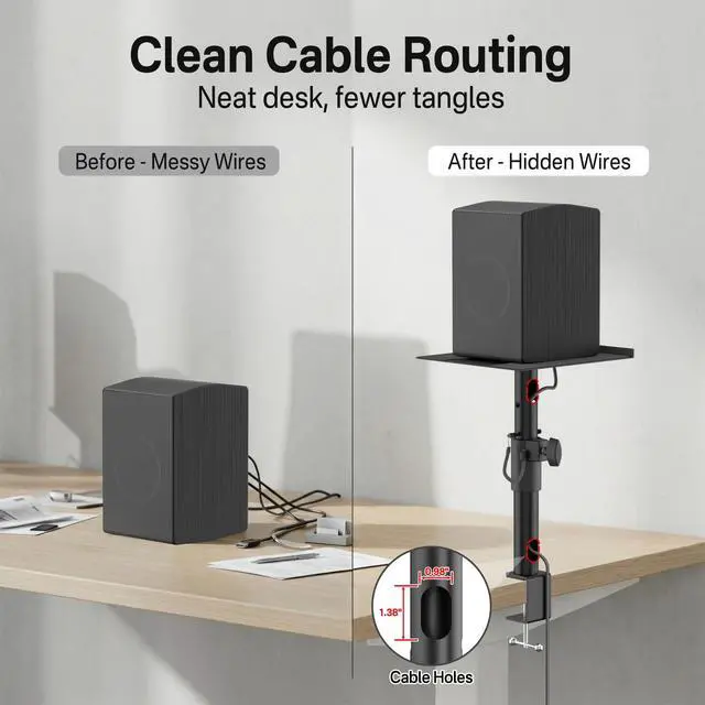 Alt view image 5 of 6 - Clamp-on Desktop Speaker Stands Pair for LG, Sony, Vizio, Klipsch, Samsung, JBL Speaker Stand Desk - Adjustable Desk Speaker Stands for Most Satellite & Bookshelf Speaker Stands Wr Cable Management