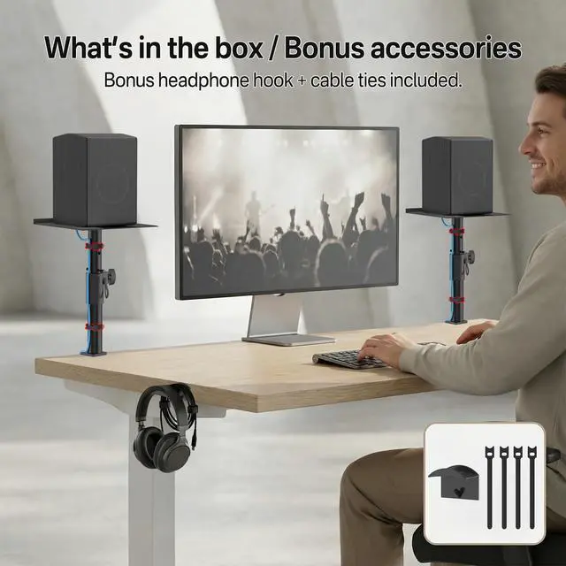 Alt view image 6 of 6 - Clamp-on Desktop Speaker Stands Pair for LG, Sony, Vizio, Klipsch, Samsung, JBL Speaker Stand Desk - Adjustable Desk Speaker Stands for Most Satellite & Bookshelf Speaker Stands Wr Cable Management