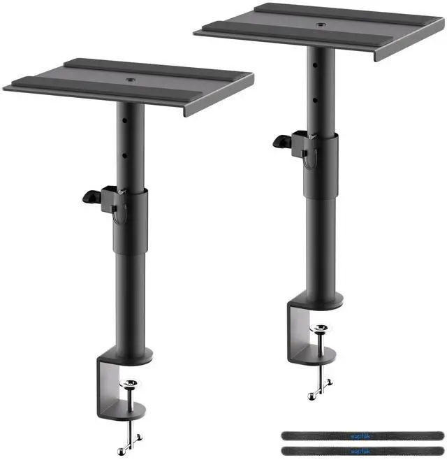 Main image of Clamp-on Speaker Stand Desk Mount Set, Height Adjustment, Swivel, 9.6 x 8.8 inch Trays, Universal Audio Holders for Bookshelf Speakers, Elevated Sound, 2 Pack, Black, SDM001G