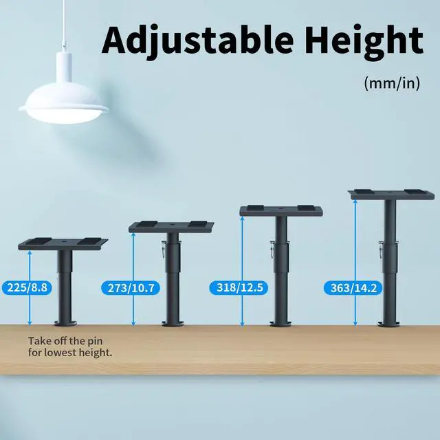 Alt view image 3 of 7 - Clamp-on Speaker Stand Desk Mount Set, Height Adjustment, Swivel, 9.6 x 8.8 inch Trays, Universal Audio Holders for Bookshelf Speakers, Elevated Sound, 2 Pack, Black, SDM001G