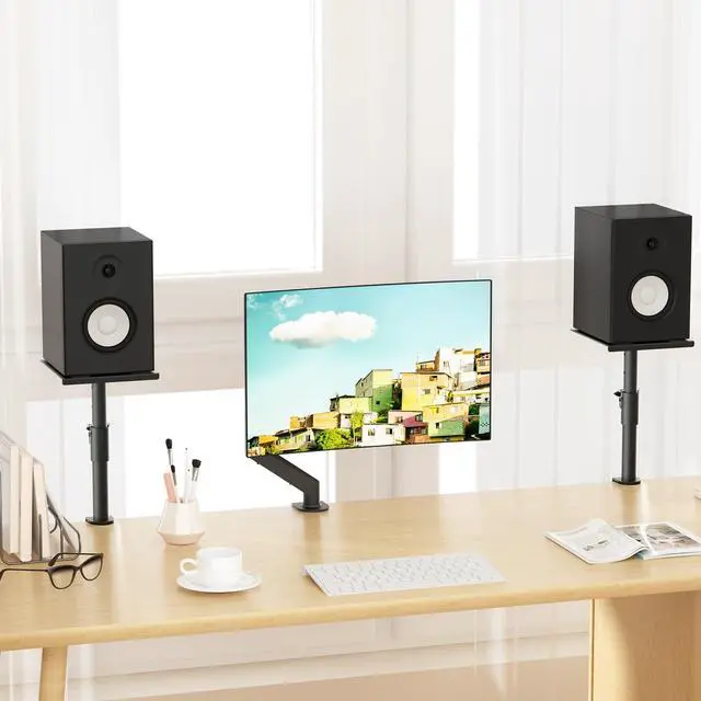 Alt view image 2 of 7 - Clamp-on Speaker Stand Desk Mount Set, Height Adjustment, Swivel, 9.6 x 8.8 inch Trays, Universal Audio Holders for Bookshelf Speakers, Elevated Sound, 2 Pack, Black, SDM001G