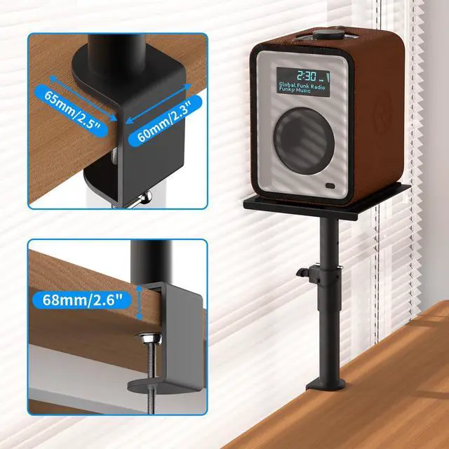 Alt view image 4 of 7 - Clamp-on Speaker Stand Desk Mount Set, Height Adjustment, Swivel, 9.6 x 8.8 inch Trays, Universal Audio Holders for Bookshelf Speakers, Elevated Sound, 2 Pack, Black, SDM001G