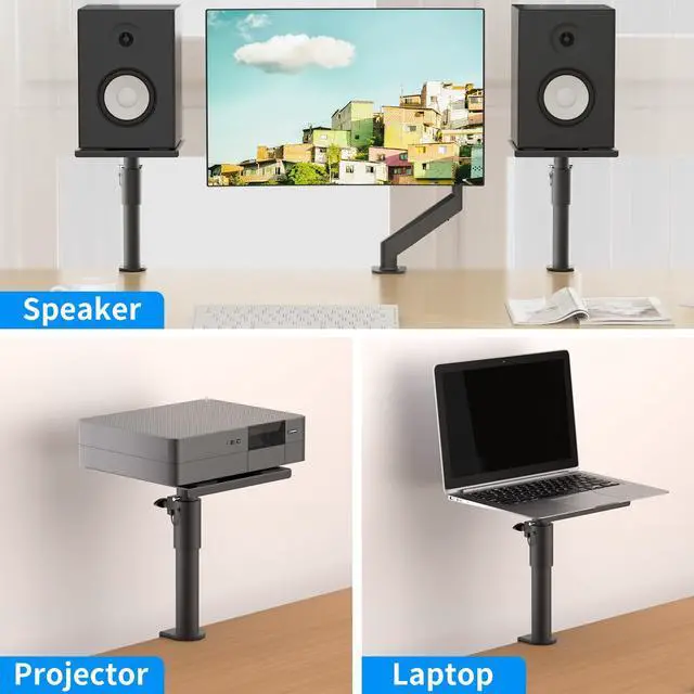 Alt view image 7 of 7 - Clamp-on Speaker Stand Desk Mount Set, Height Adjustment, Swivel, 9.6 x 8.8 inch Trays, Universal Audio Holders for Bookshelf Speakers, Elevated Sound, 2 Pack, Black, SDM001G