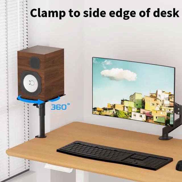 Alt view image 6 of 7 - Clamp-on Speaker Stand Desk Mount Set, Height Adjustment, Swivel, 9.6 x 8.8 inch Trays, Universal Audio Holders for Bookshelf Speakers, Elevated Sound, 2 Pack, Black, SDM001G