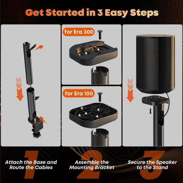Alt view image 6 of 7 - Desk Clamp Speaker Stand for SONOS Era 100 SL, Era 100 and Era 300 - Height Adjustable Desk Speaker Mount,Concealed Cable Management, Max Load 11 lbs, Pack of 2, Black