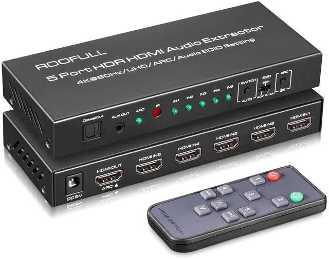 Main image of 5 Port 4K@60Hz HDMI Switch with Optical & 3.5mm AUX Audio Out, 5 in 1 Out HDMI 2.0 Switch Audio Extractor with Remote, Support ARC, HDR 10, HDCP 2.2, 18Gbps, Dolby Vision/Atmos, 3D, 1080P