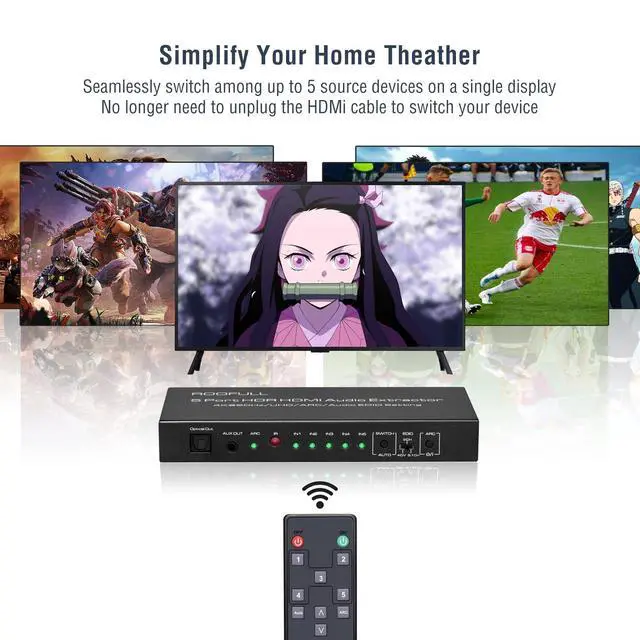 Alt view image 3 of 7 - 5 Port 4K@60Hz HDMI Switch with Optical & 3.5mm AUX Audio Out, 5 in 1 Out HDMI 2.0 Switch Audio Extractor with Remote, Support ARC, HDR 10, HDCP 2.2, 18Gbps, Dolby Vision/Atmos, 3D, 1080P
