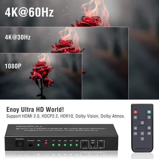Alt view image 6 of 7 - 5 Port 4K@60Hz HDMI Switch with Optical & 3.5mm AUX Audio Out, 5 in 1 Out HDMI 2.0 Switch Audio Extractor with Remote, Support ARC, HDR 10, HDCP 2.2, 18Gbps, Dolby Vision/Atmos, 3D, 1080P