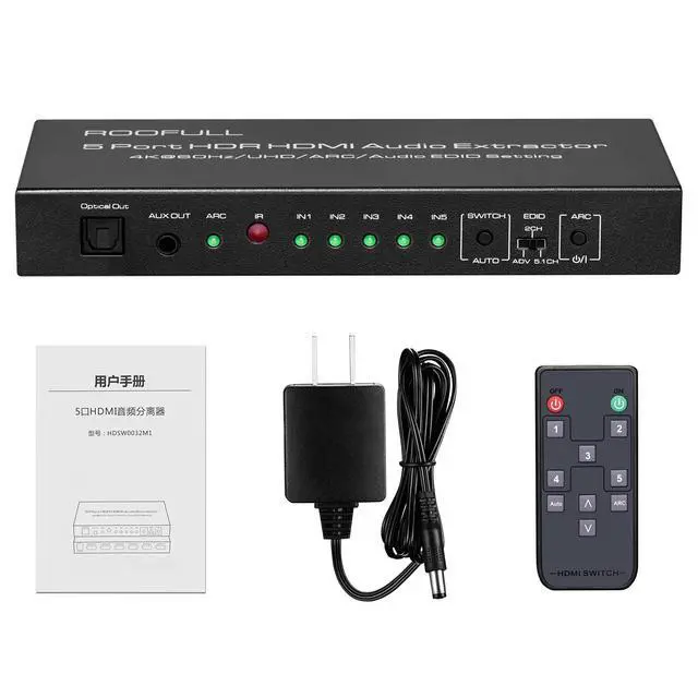 Alt view image 7 of 7 - 5 Port 4K@60Hz HDMI Switch with Optical & 3.5mm AUX Audio Out, 5 in 1 Out HDMI 2.0 Switch Audio Extractor with Remote, Support ARC, HDR 10, HDCP 2.2, 18Gbps, Dolby Vision/Atmos, 3D, 1080P