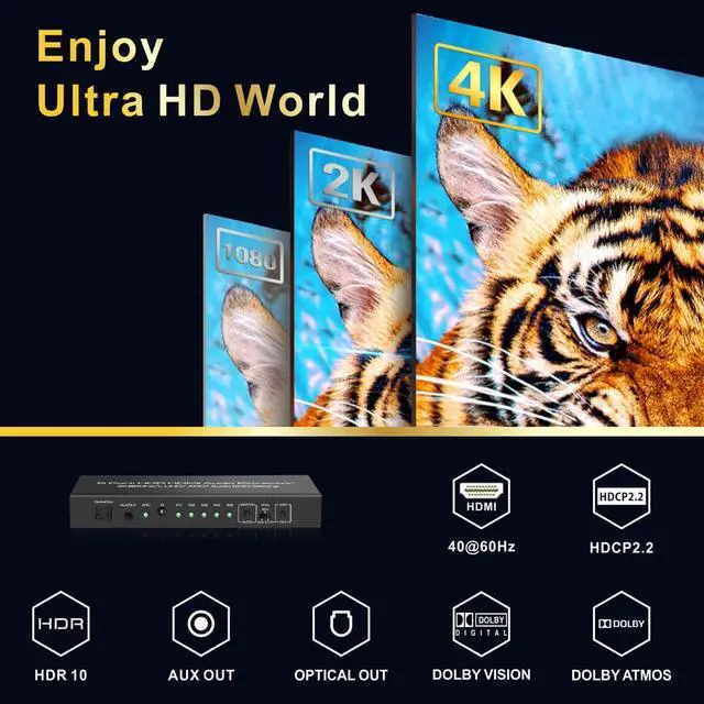 Alt view image 4 of 7 - 5 in 1 Out 4K@60Hz HDMI Switch Audio Extractor with Optical & 3.5mm Out, HDMI 2.0 Audio Splitter Support HDR 10, HDCP 2.2, 18Gbps, Dolby Vision Atmos, ARC, not eARC