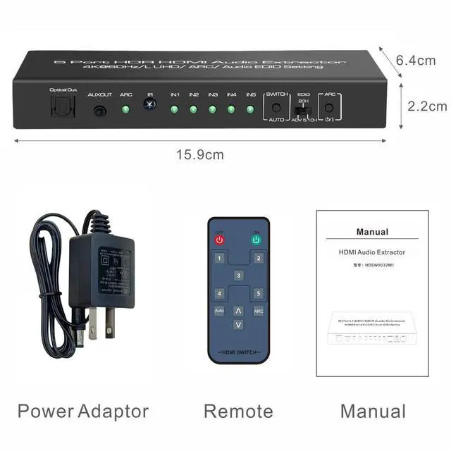 Alt view image 7 of 7 - 5 in 1 Out 4K@60Hz HDMI Switch Audio Extractor with Optical & 3.5mm Out, HDMI 2.0 Audio Splitter Support HDR 10, HDCP 2.2, 18Gbps, Dolby Vision Atmos, ARC, not eARC
