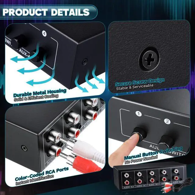 Alt view image 5 of 7 - 3.5mm Aux + RCA L/R Audio Switch Box, RCA Switch with 5 FT Cable, 4 in 1 Out Bidirectional Stereo Audio Switcher Selector, Passive A/B Analog Selector for DVD Player CD Player, No Power Need
