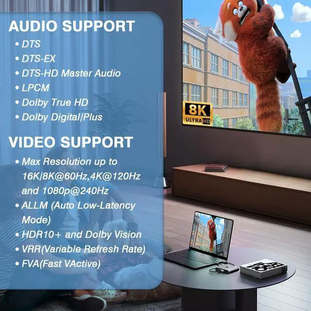 Alt view image 3 of 7 - HDMI 2.1 Switch Splitter 8K/16K, 2 in 1 Out HDMI Selector 4K@120HZ/240Hz 16K@30Hz/8K@60Hz Support DTS VRR HDR10+ Dolby, 48Gbps for Switch, PS5/4, Xbox, Roku, Firestick, TV etc.