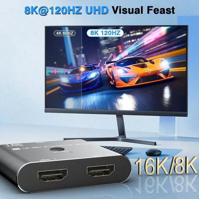 Alt view image 2 of 7 - HDMI 2.1 Switch Splitter 8K/16K, 2 in 1 Out HDMI Selector 4K@120HZ/240Hz 16K@30Hz/8K@60Hz Support DTS VRR HDR10+ Dolby, 48Gbps for Switch, PS5/4, Xbox, Roku, Firestick, TV etc.