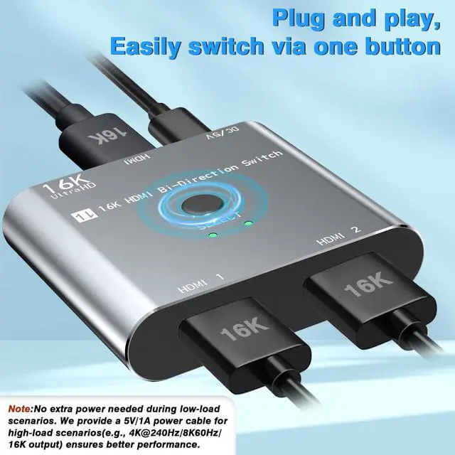 Alt view image 7 of 7 - HDMI 2.1 Switch Splitter 8K/16K, 2 in 1 Out HDMI Selector 4K@120HZ/240Hz 16K@30Hz/8K@60Hz Support DTS VRR HDR10+ Dolby, 48Gbps for Switch, PS5/4, Xbox, Roku, Firestick, TV etc.