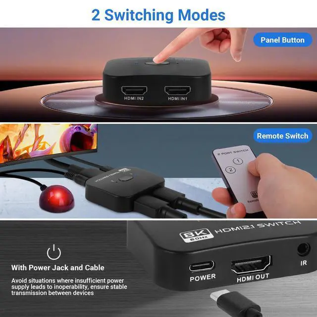 Alt view image 4 of 6 - 8K HDMI Switch Splitter 2 in 1 Out, Bi-Directional Switcher Support 48Gbps 4K@120Hz 8K@60Hz 4K@144Hz for PS5/PS4,HDTV,Xbox,Fire Stick