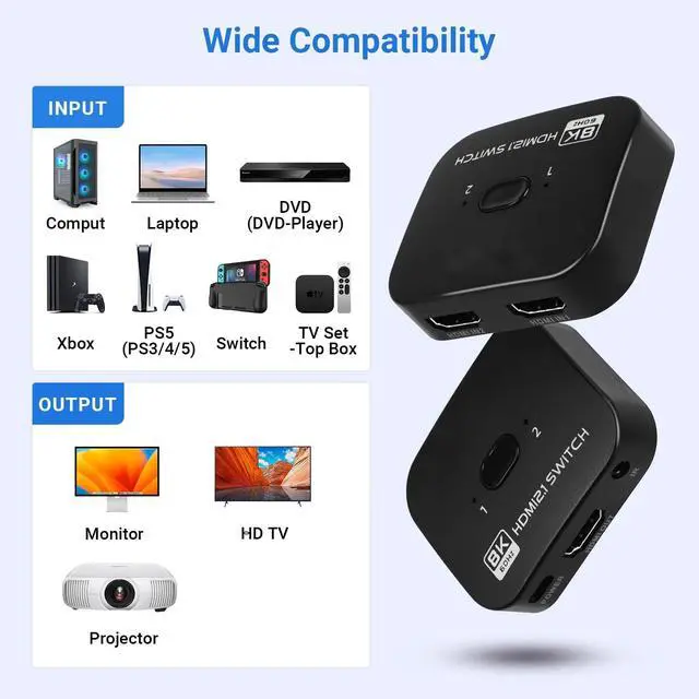 Alt view image 5 of 6 - 8K HDMI Switch Splitter 2 in 1 Out, Bi-Directional Switcher Support 48Gbps 4K@120Hz 8K@60Hz 4K@144Hz for PS5/PS4,HDTV,Xbox,Fire Stick