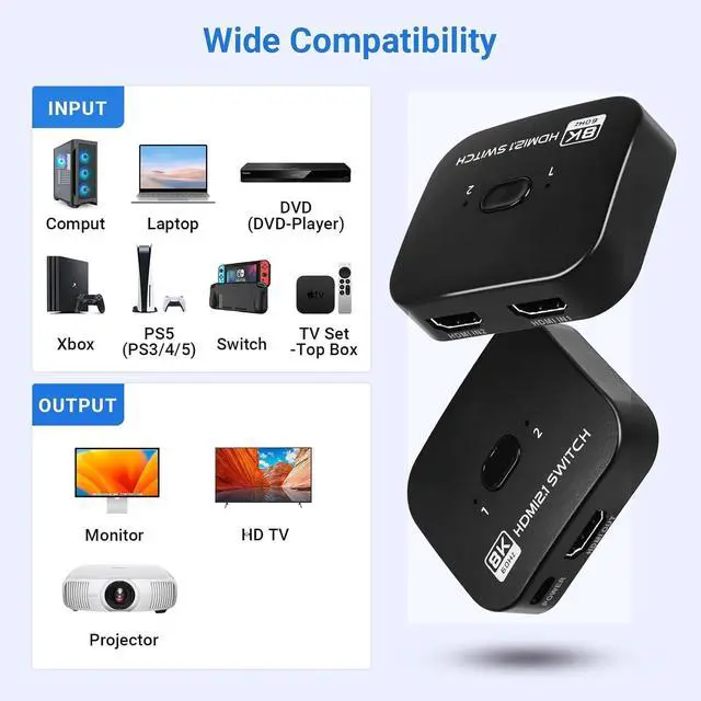 Alt view image 4 of 6 - 8K Bi-Directional HDMI Switch 2 in 1 Out, 4K@120Hz 8K@60Hz HDMI Splitter Switch, Supports HDR, 3D, Dolby for PS4/5, HD TV