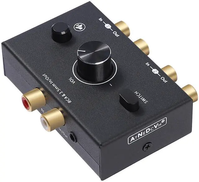 Main image of RCA 3.5mm Port 1 in 2 Out / 2 in 1 Out Bi-Directional Audio Switcher, 2-Way Stereo L/R Sound Channel Speaker Headphone Audio Switch Selector Splitter Box