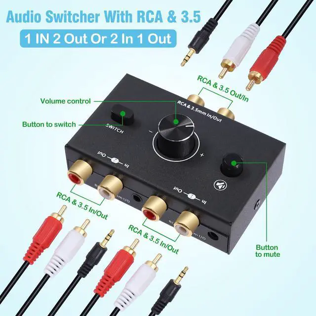 Alt view image 2 of 7 - RCA 3.5mm Port 1 in 2 Out / 2 in 1 Out Bi-Directional Audio Switcher, 2-Way Stereo L/R Sound Channel Speaker Headphone Audio Switch Selector Splitter Box