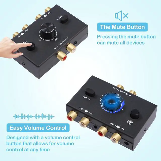 Alt view image 4 of 7 - RCA 3.5mm Port 1 in 2 Out / 2 in 1 Out Bi-Directional Audio Switcher, 2-Way Stereo L/R Sound Channel Speaker Headphone Audio Switch Selector Splitter Box