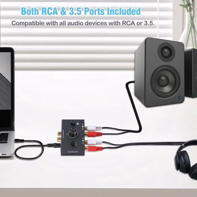 Alt view image 7 of 7 - RCA 3.5mm Port 1 in 2 Out / 2 in 1 Out Bi-Directional Audio Switcher, 2-Way Stereo L/R Sound Channel Speaker Headphone Audio Switch Selector Splitter Box