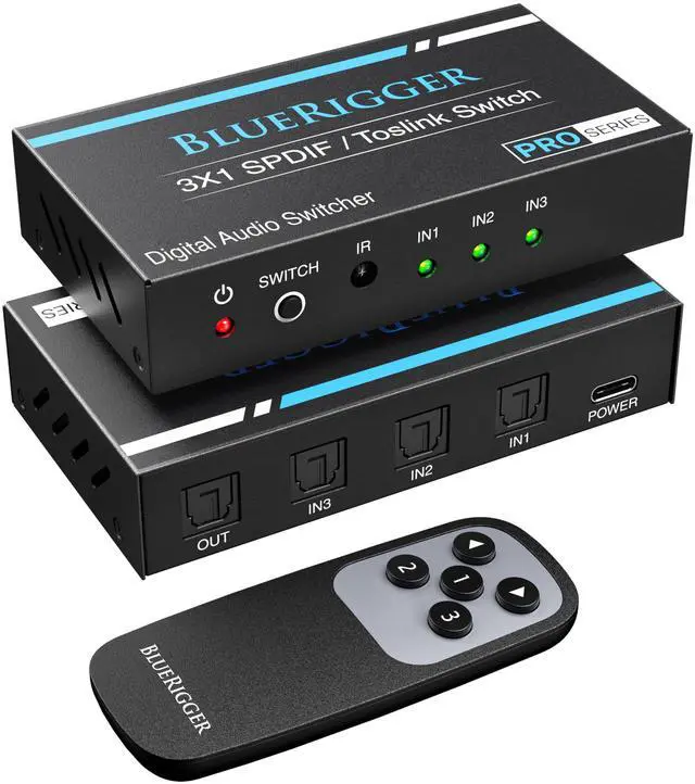 Main image of Digital Toslink Optical 3x1 Switch - (LPCM 2.0, SPDIF Optical Audio Switcher with IR Remote Control, 3 in 1 Fiber Optic Switch) - Compatible with Gaming Console, HDTV, Amplifier, Soundbar
