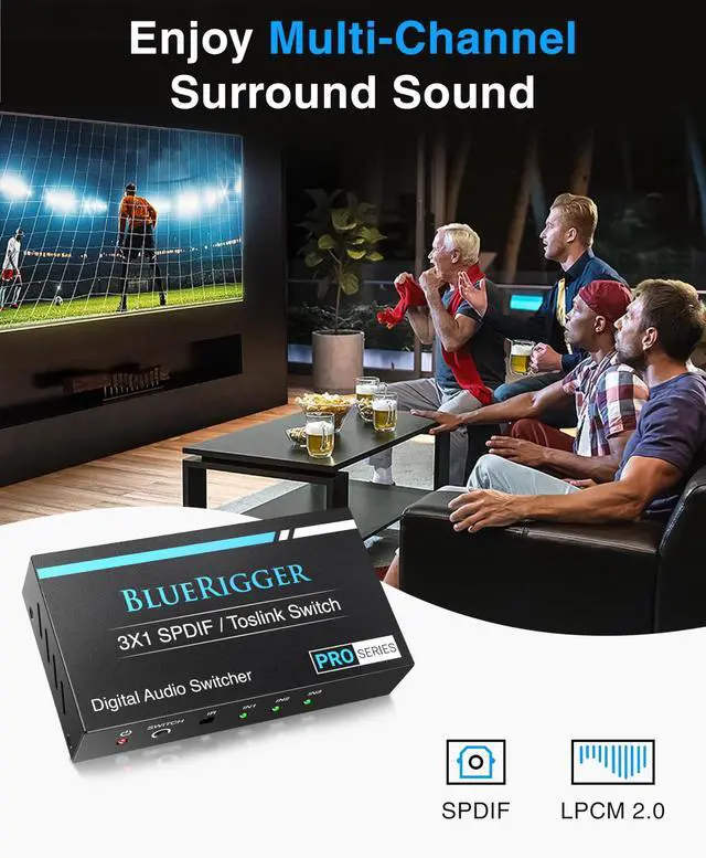 Alt view image 4 of 7 - Digital Toslink Optical 3x1 Switch - (LPCM 2.0, SPDIF Optical Audio Switcher with IR Remote Control, 3 in 1 Fiber Optic Switch) - Compatible with Gaming Console, HDTV, Amplifier, Soundbar