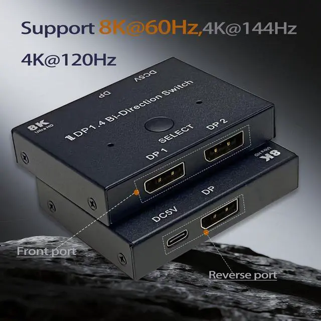 Alt view image 2 of 7 - Bi-Directional DisplayPort Switch 8K60Hz Display Port 1.4 switcher Box 4K@144Hz 2in1out 1 in 2 Out for only Showing one Monitor at a time.Does not Support Multi-Screen functionality (Iron Shell)