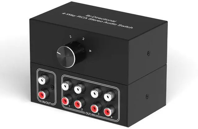 Main image of 4-Way Stereo Audio Selector, Bi-Directional L/R Audio Switcher Splitter Box Suitable for Connecting Blu-ray Players or DVD Players to Multiple Stereo Speakers (4in1out/1in 4out)