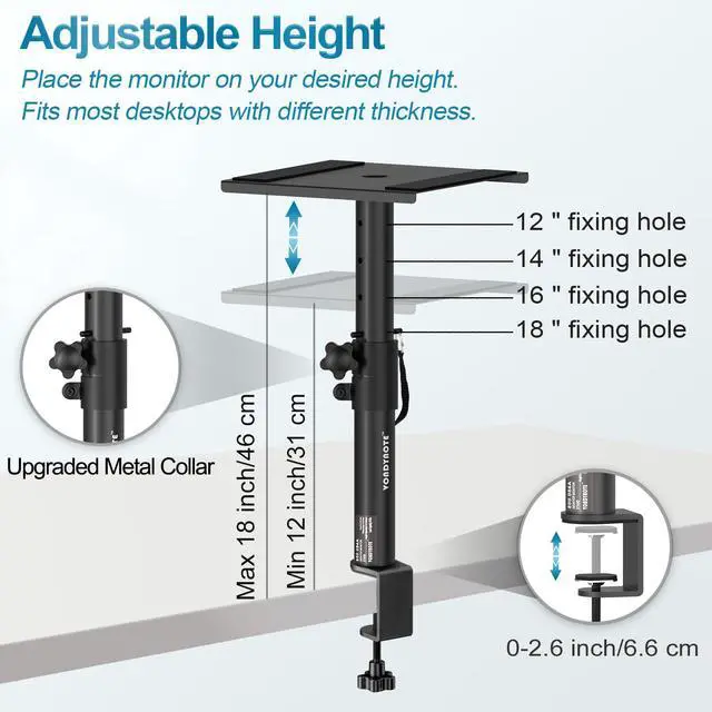 Alt view image 3 of 7 - Set of 2 Studio Monitor Stands Desktop Speaker Stands Height Adjustable 12" to 18" Speaker Stands with Desk Clamp