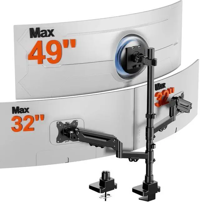 Main image of Triple Monitor Mount up to 49 inches,Heavy Duty 3 Monitor Desk Mount with Gas Spring, Fully Adjustable Triple Monitor Stand,C-Clamp & Grommet Base, Holds 44 lbs, Black