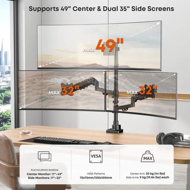 Alt view image 2 of 7 - Triple Monitor Mount up to 49 inches,Heavy Duty 3 Monitor Desk Mount with Gas Spring, Fully Adjustable Triple Monitor Stand,C-Clamp & Grommet Base, Holds 44 lbs, Black