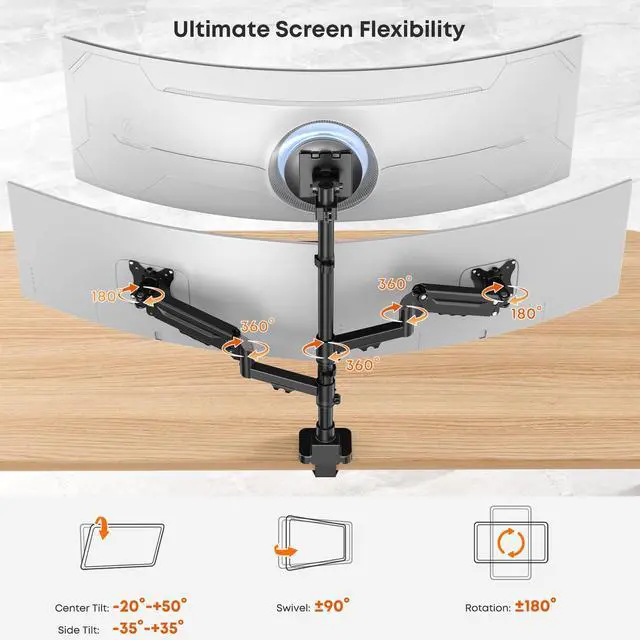 Alt view image 3 of 7 - Triple Monitor Mount up to 49 inches,Heavy Duty 3 Monitor Desk Mount with Gas Spring, Fully Adjustable Triple Monitor Stand,C-Clamp & Grommet Base, Holds 44 lbs, Black