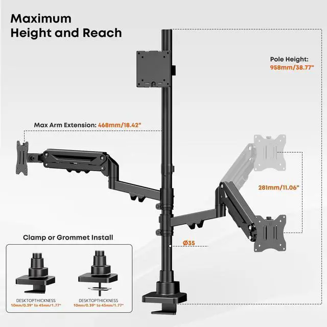 Alt view image 5 of 7 - Triple Monitor Mount up to 49 inches,Heavy Duty 3 Monitor Desk Mount with Gas Spring, Fully Adjustable Triple Monitor Stand,C-Clamp & Grommet Base, Holds 44 lbs, Black