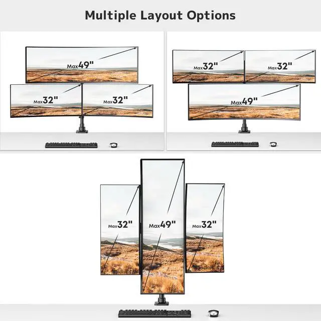 Alt view image 6 of 7 - Triple Monitor Mount up to 49 inches,Heavy Duty 3 Monitor Desk Mount with Gas Spring, Fully Adjustable Triple Monitor Stand,C-Clamp & Grommet Base, Holds 44 lbs, Black