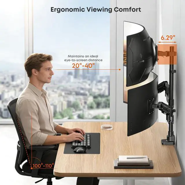 Alt view image 7 of 7 - Triple Monitor Mount up to 49 inches,Heavy Duty 3 Monitor Desk Mount with Gas Spring, Fully Adjustable Triple Monitor Stand,C-Clamp & Grommet Base, Holds 44 lbs, Black