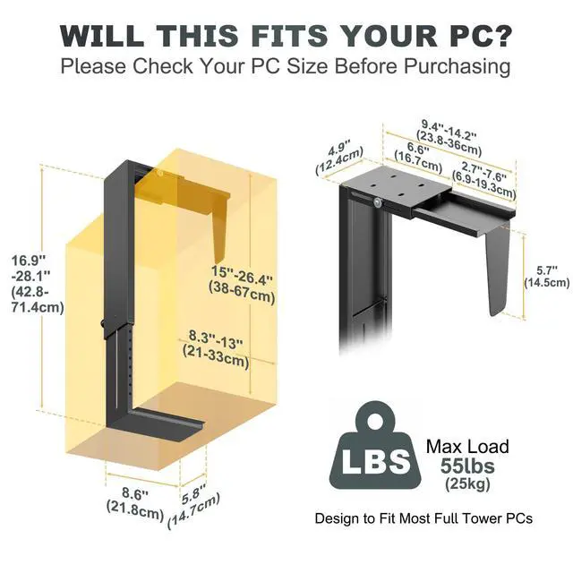 Alt view image 3 of 7 - Heavy Duty Under Desk PC-Mount - Fits Most Middle & Full Tower, Height Adjustable Underdesk Computer Mount Holder with Protective Padding, Max Load 55lbs, Black