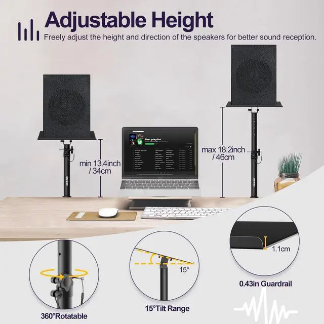 Alt view image 2 of 7 - Studio Monitor Stands Clamp On Desktop Speaker Stand Pair, Heavy Duty Riser Tilt Height Adjustable, Universal Music Booth Desk Audio Mount Tray for Subwoofer Surround Sound Bookshelf Laptop
