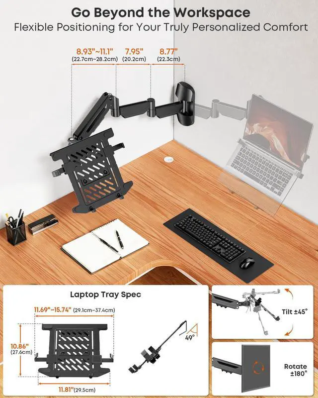 Alt view image 6 of 7 - Extra Long 2-in-1 Laptop Wall Mount with Detachable Tray - 30.28'' Long Gas Spring Adjustable Arm for 12''-17'' Laptops & 13''-32'' Monitors, Hold up to 19.8lbs, Black