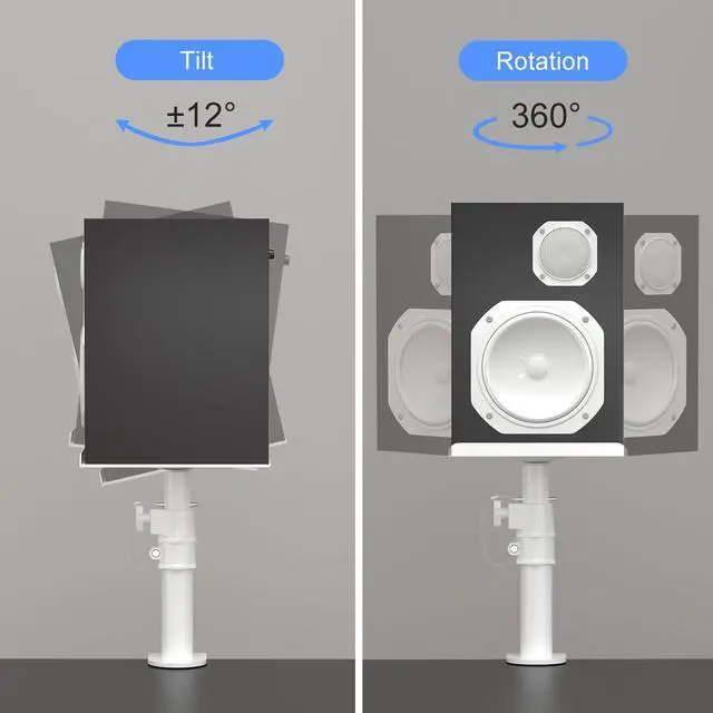 Alt view image 2 of 7 - Clamp-on Speaker Stand Desk Mount Set, Height Adjustment, Tilt, Swivel, 9.6 x 8.8 inch Trays, Universal Audio Holders for Computer and Bookshelf Speakers, Elevated Sound, 2 Pack, White, SDM001W