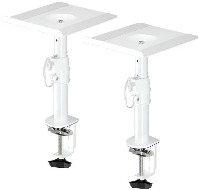 Main image of Clamp-on Speaker Stand Desk Mount Set, Height Adjustment, Tilt, Swivel, 9.6 x 8.8 inch Trays, Universal Audio Holders for Computer and Bookshelf Speakers, Elevated Sound, 2 Pack, White, SDM001W
