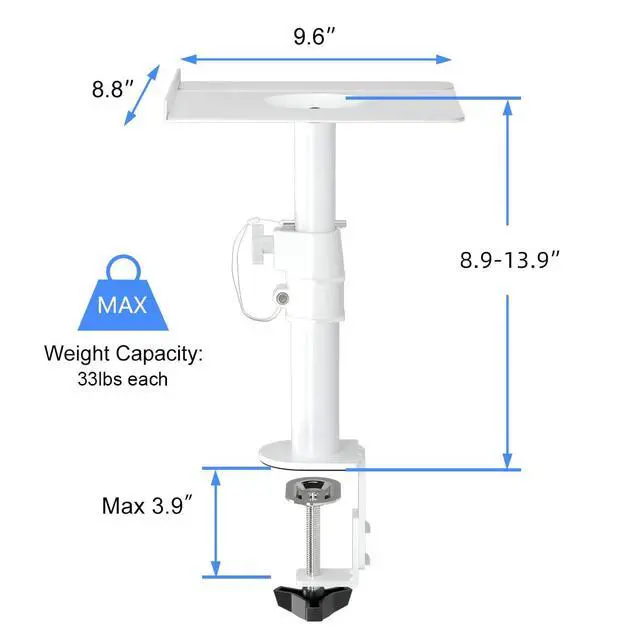 Alt view image 4 of 7 - Clamp-on Speaker Stand Desk Mount Set, Height Adjustment, Tilt, Swivel, 9.6 x 8.8 inch Trays, Universal Audio Holders for Computer and Bookshelf Speakers, Elevated Sound, 2 Pack, White, SDM001W