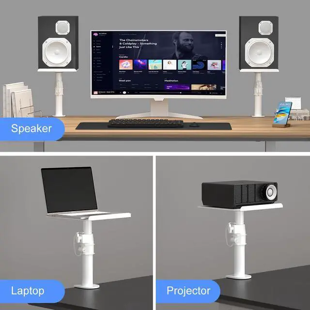 Alt view image 6 of 7 - Clamp-on Speaker Stand Desk Mount Set, Height Adjustment, Tilt, Swivel, 9.6 x 8.8 inch Trays, Universal Audio Holders for Computer and Bookshelf Speakers, Elevated Sound, 2 Pack, White, SDM001W