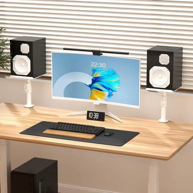 Alt view image 3 of 7 - Clamp-on Speaker Stand Desk Mount Set, Height Adjustment, Tilt, Swivel, 9.6 x 8.8 inch Trays, Universal Audio Holders for Computer and Bookshelf Speakers, Elevated Sound, 2 Pack, White, SDM001W