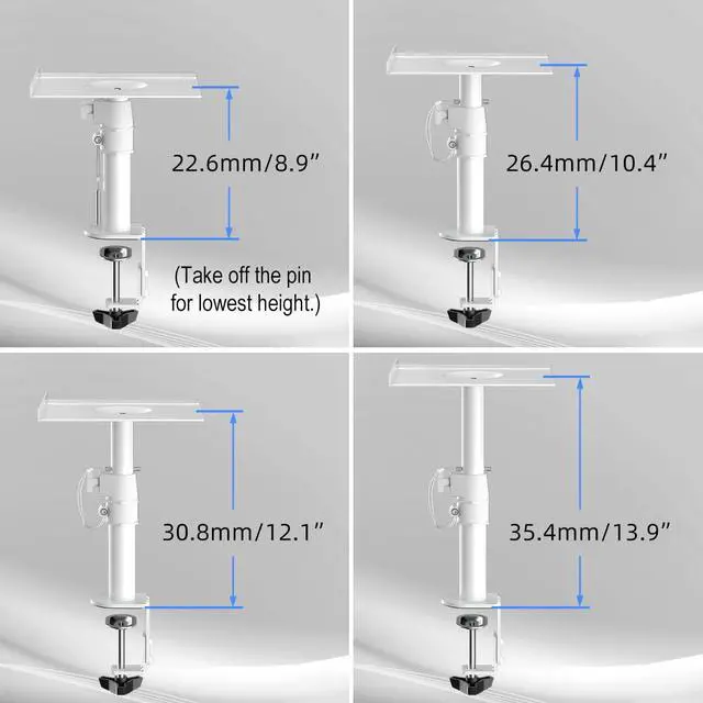 Alt view image 5 of 7 - Clamp-on Speaker Stand Desk Mount Set, Height Adjustment, Tilt, Swivel, 9.6 x 8.8 inch Trays, Universal Audio Holders for Computer and Bookshelf Speakers, Elevated Sound, 2 Pack, White, SDM001W